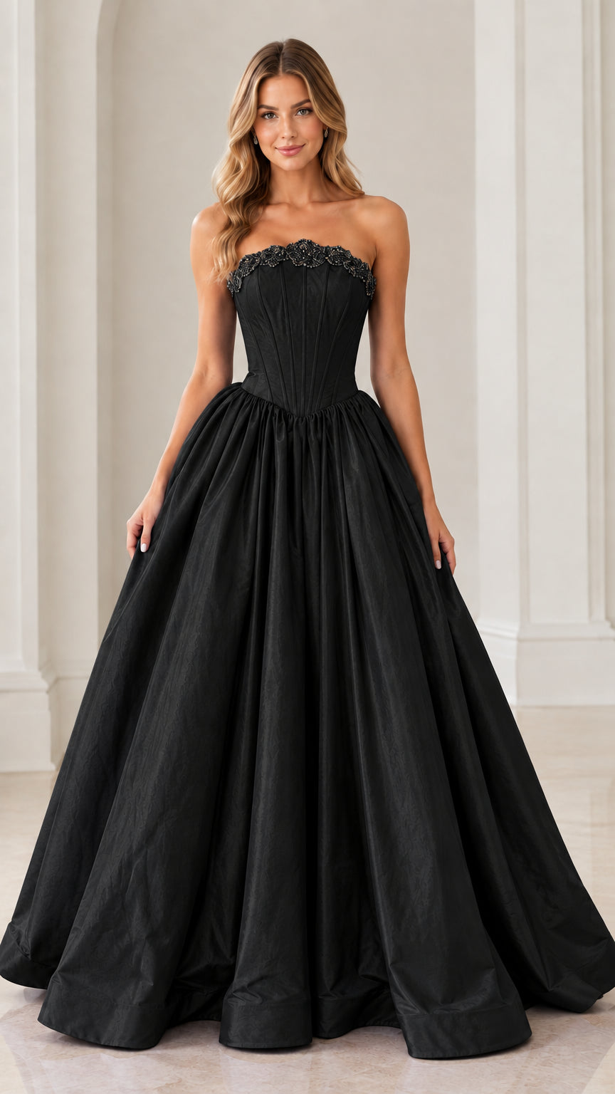 Model wearing classic black strapless beaded corset basque waist ball gown