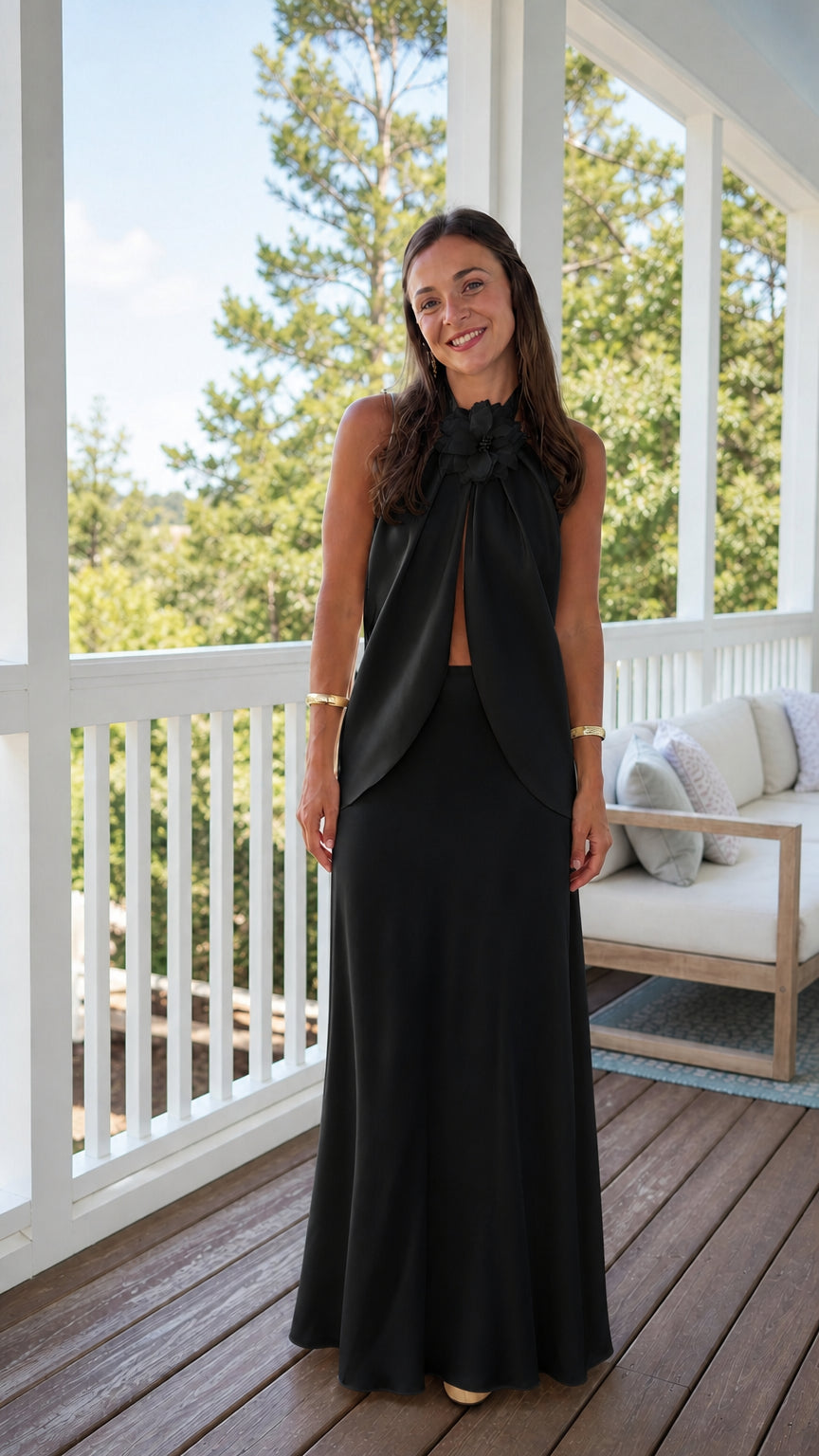 Black floral halter top and maxi skirt matching two-piece set