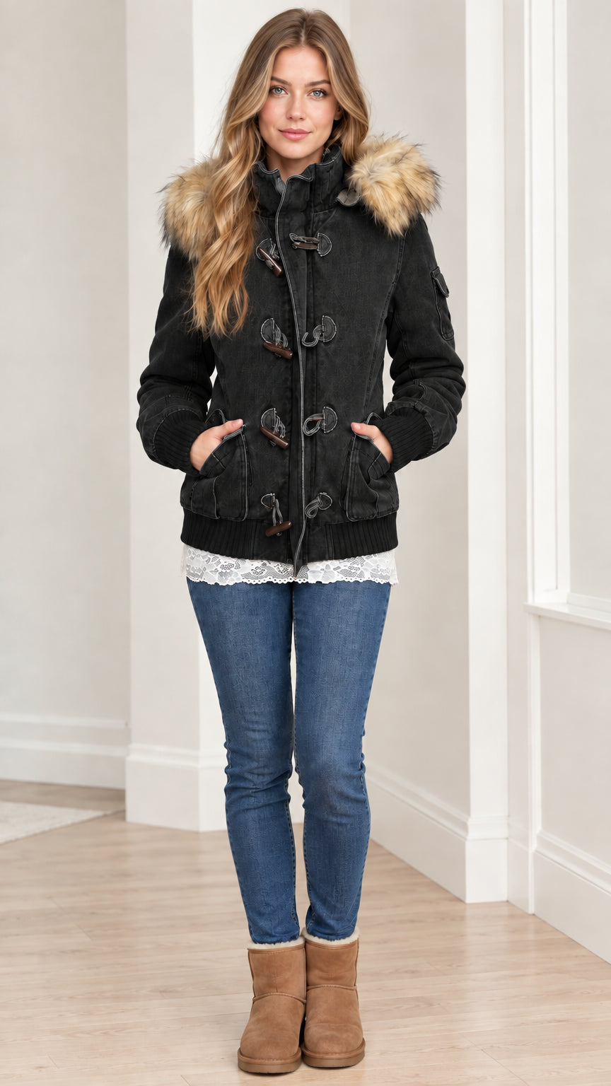 Full front view of women's black hooded parka jacket with faux fur trim