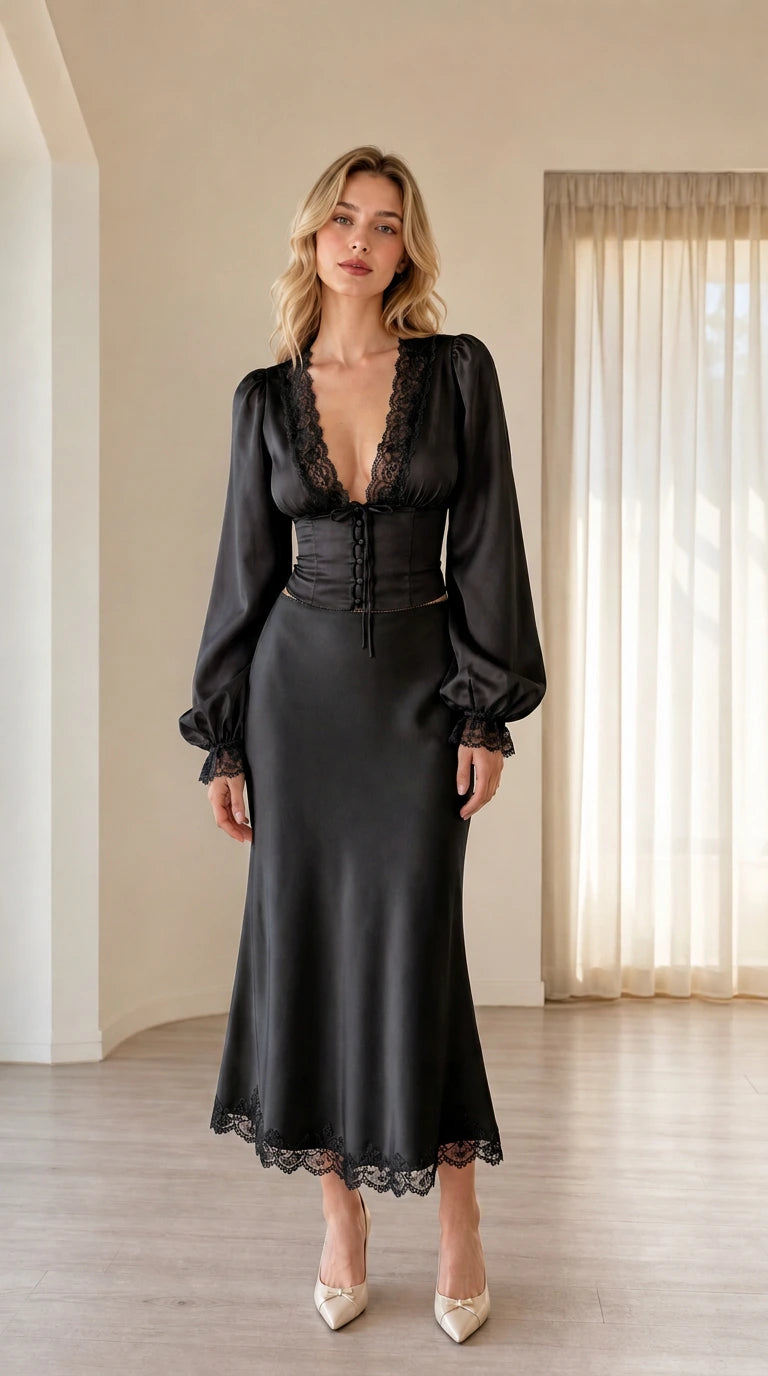Full front view of woman wearing all black satin lace-trim two-piece midi set
