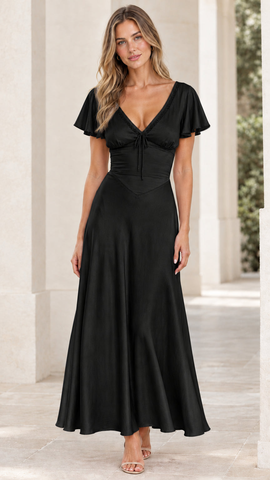 Front view of woman wearing black flutter sleeve satin maxi dress