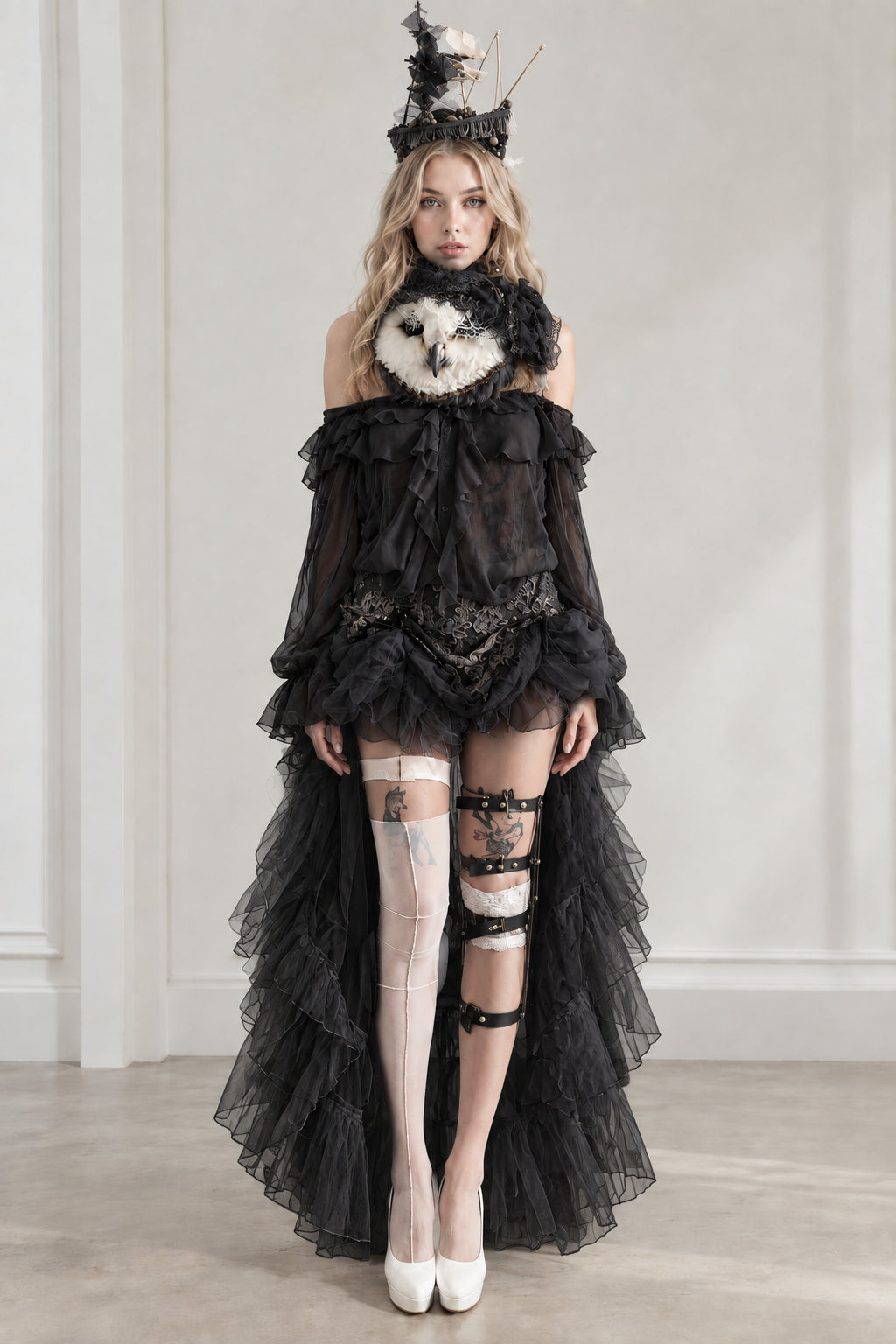 Model wearing black gothic high-low ruffle costume set
