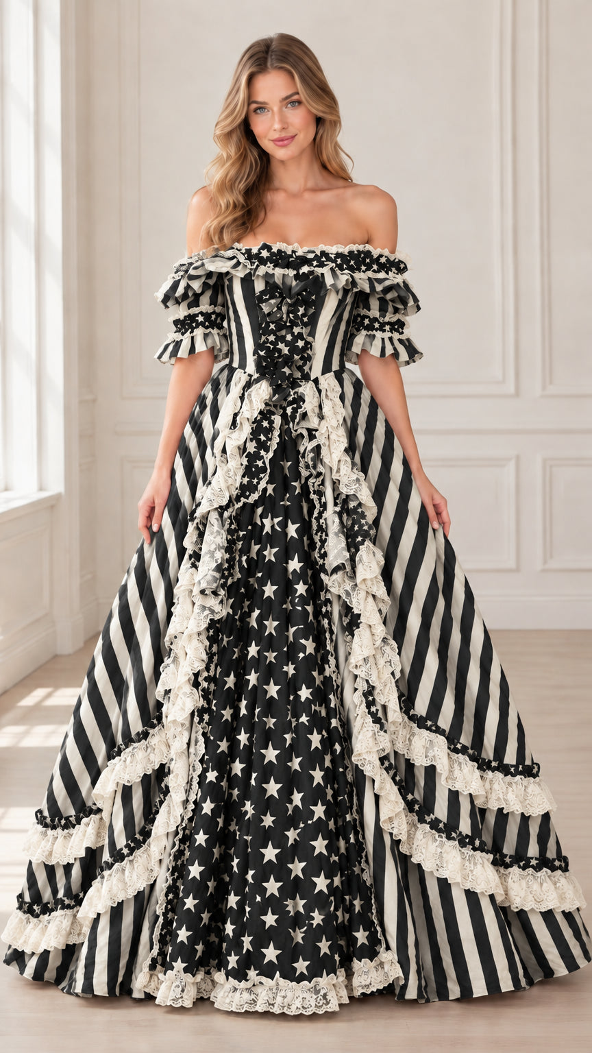 Full front view of black and white striped and starry vintage off-shoulder ball gown