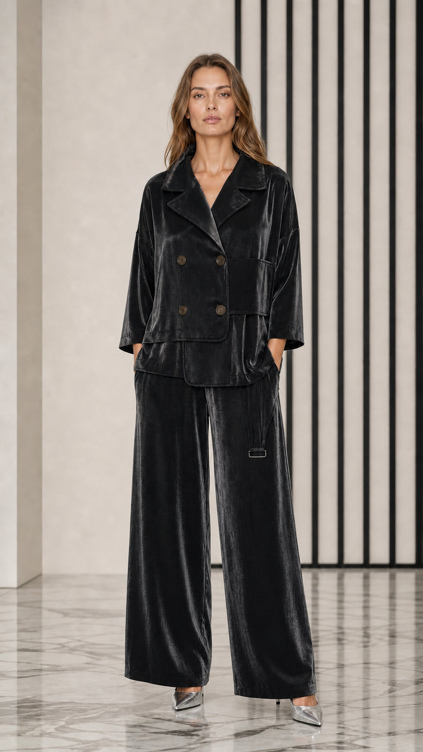 Model wearing classic Black velvet double-breasted pants set