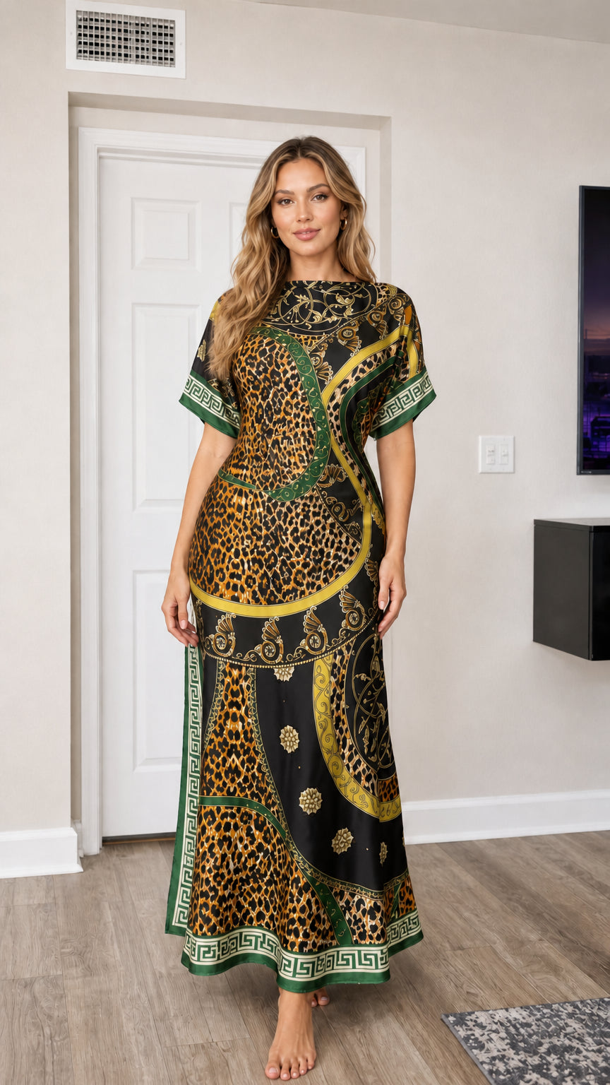 Front full-length view of woman wearing Black baroque leopard print satin maxi kaftan dress