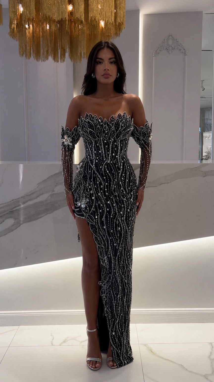 Black off-the-shoulder pearl and beaded evening gown with thigh slit