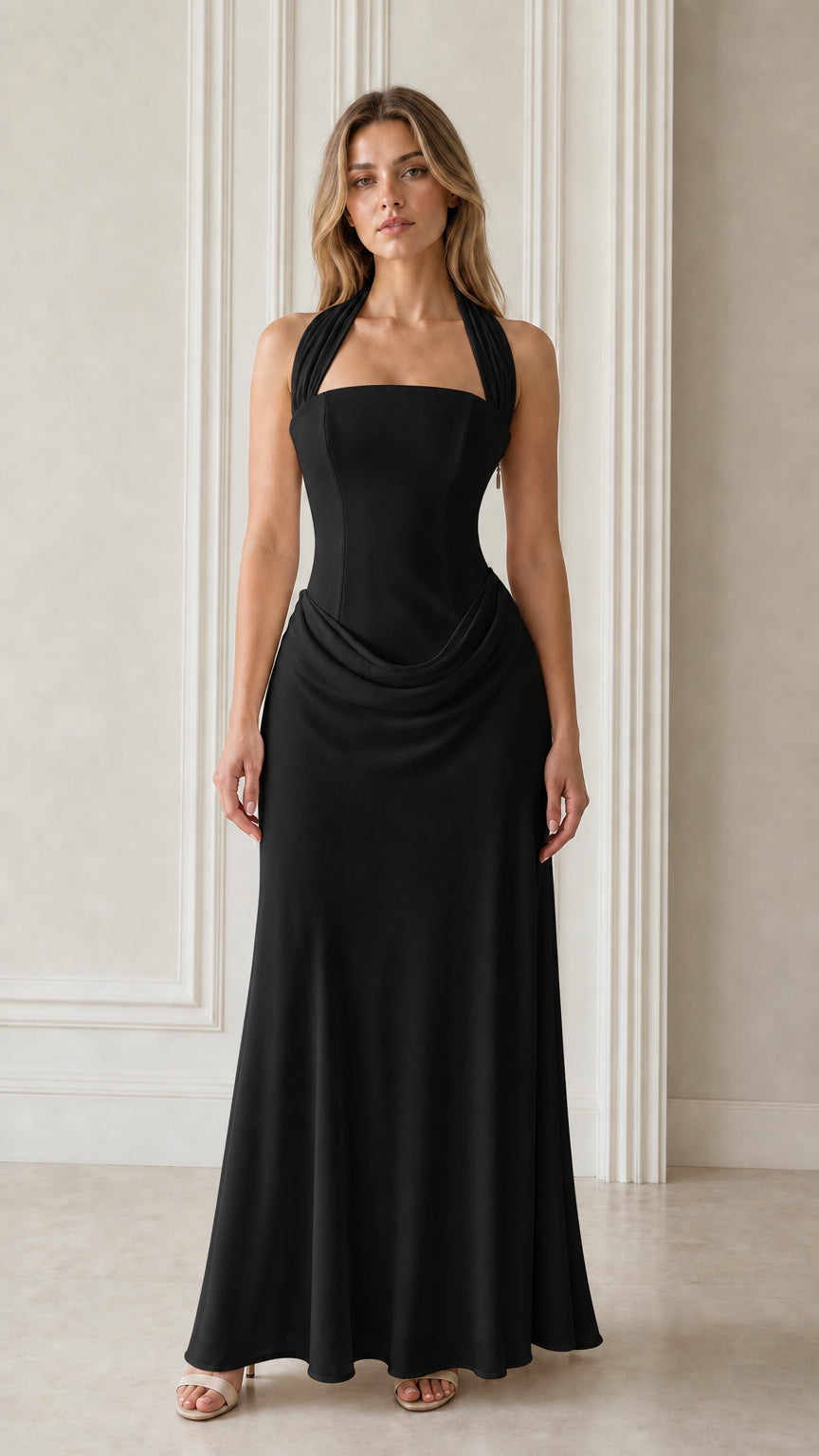 Black halter neck draped waist formal maxi dress