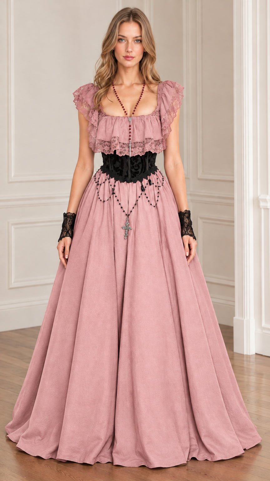 Woman modeling dusty pink vintage Victorian ruffle lace maxi gown