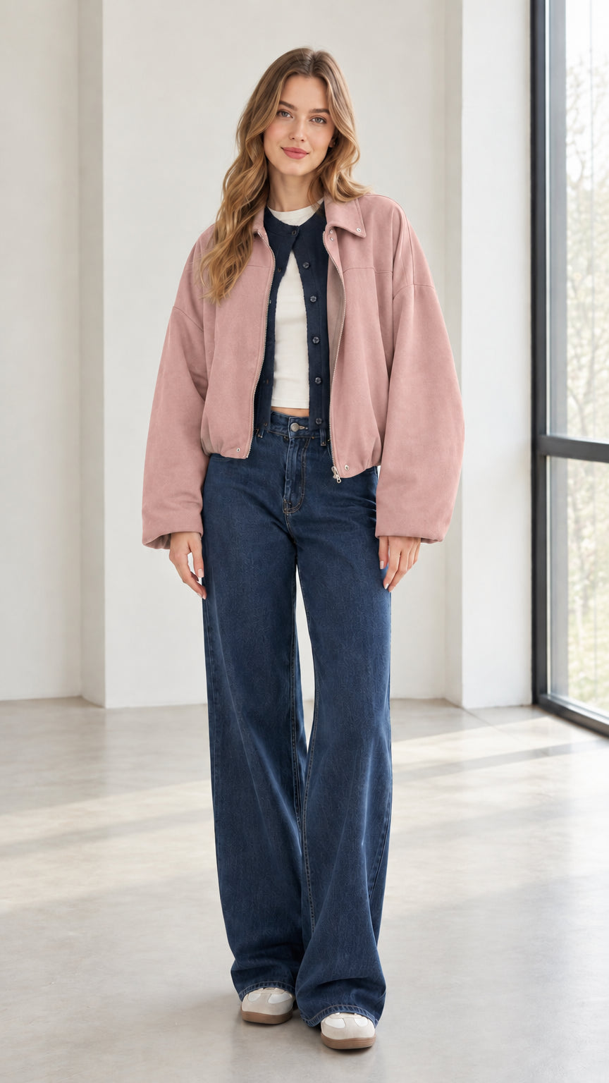 Woman wearing dusty pink collared zip-up jacket with denim pants
