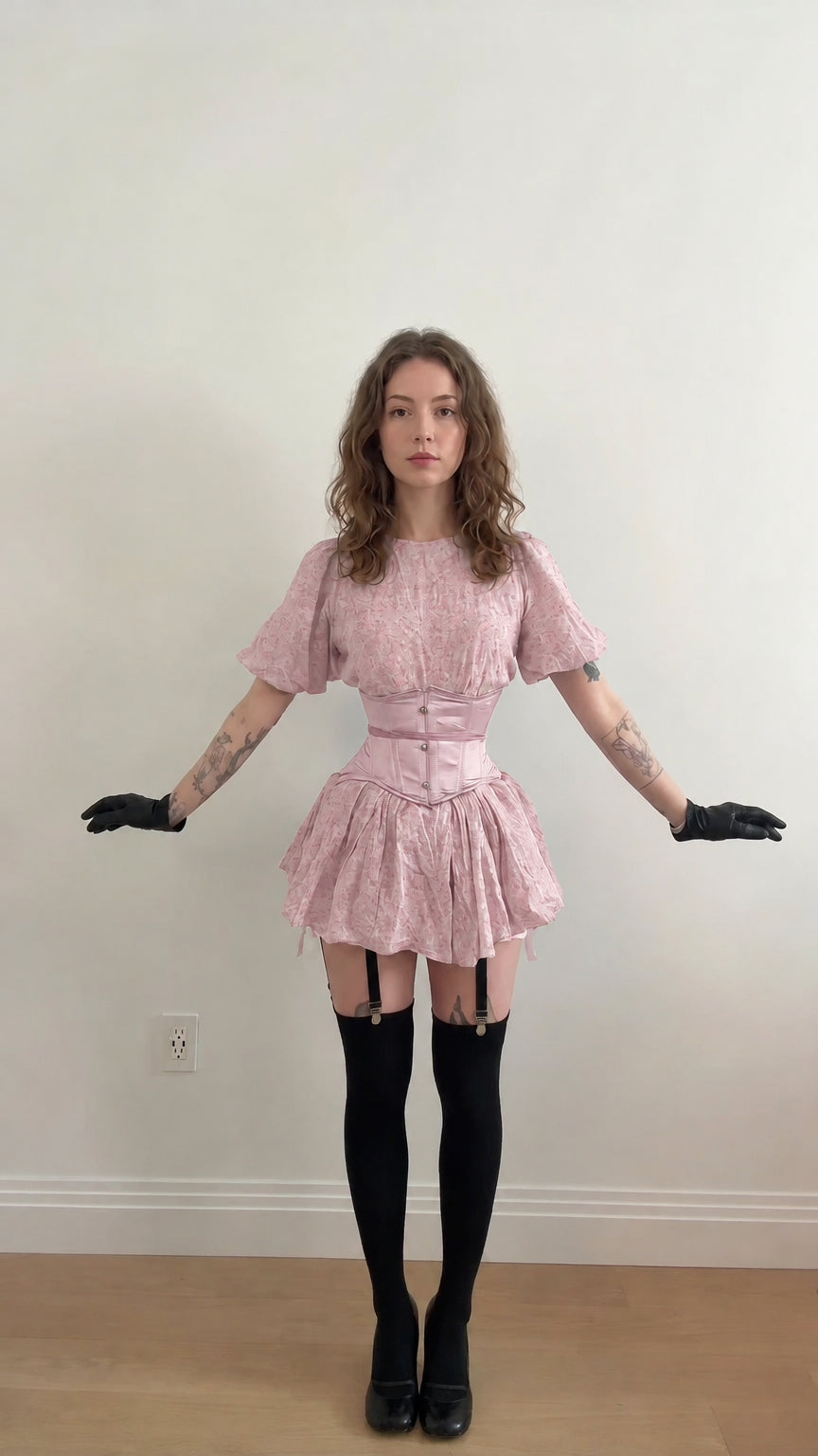 Front view of model wearing blush pink floral puff sleeve mini dress with pink corset belt