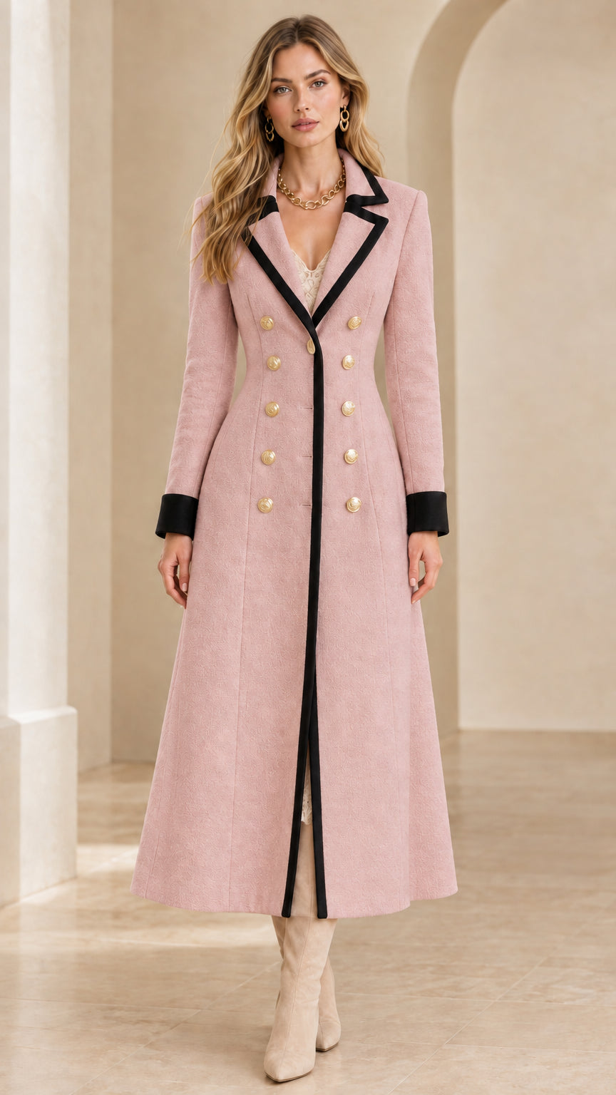 Front full-length view of dusty pink maxi coat with black contrast trim and gold buttons