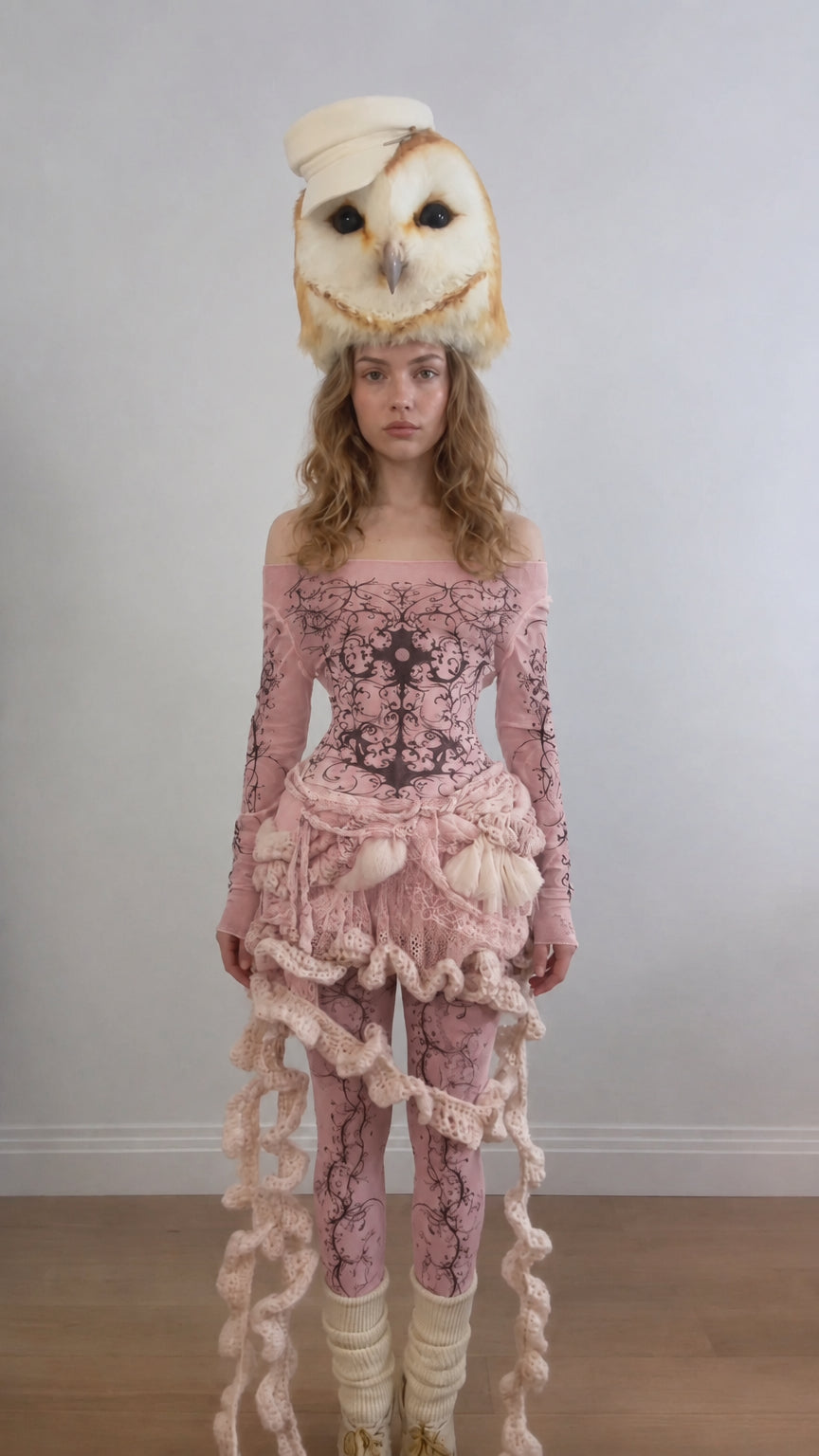 Front view of the Blush Pink avant-garde baroque print bodysuit ensemble with knit ruffles