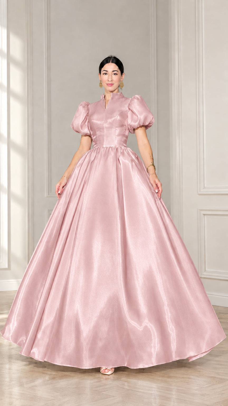 Blush pink puff sleeve satin evening ball gown