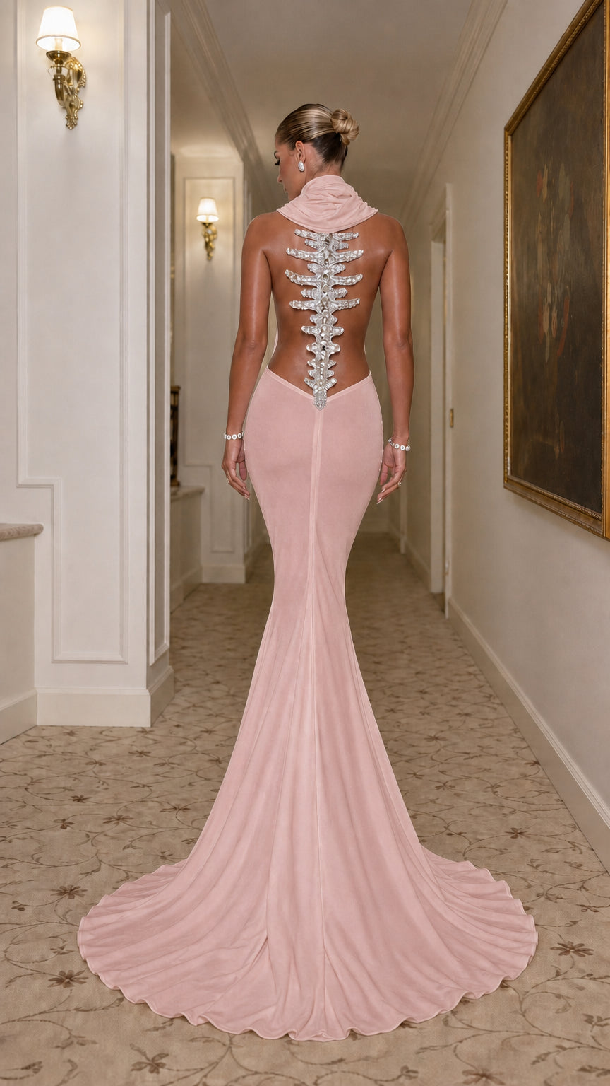 Back view of dusty pink open-back mermaid dress with crystal spine detail