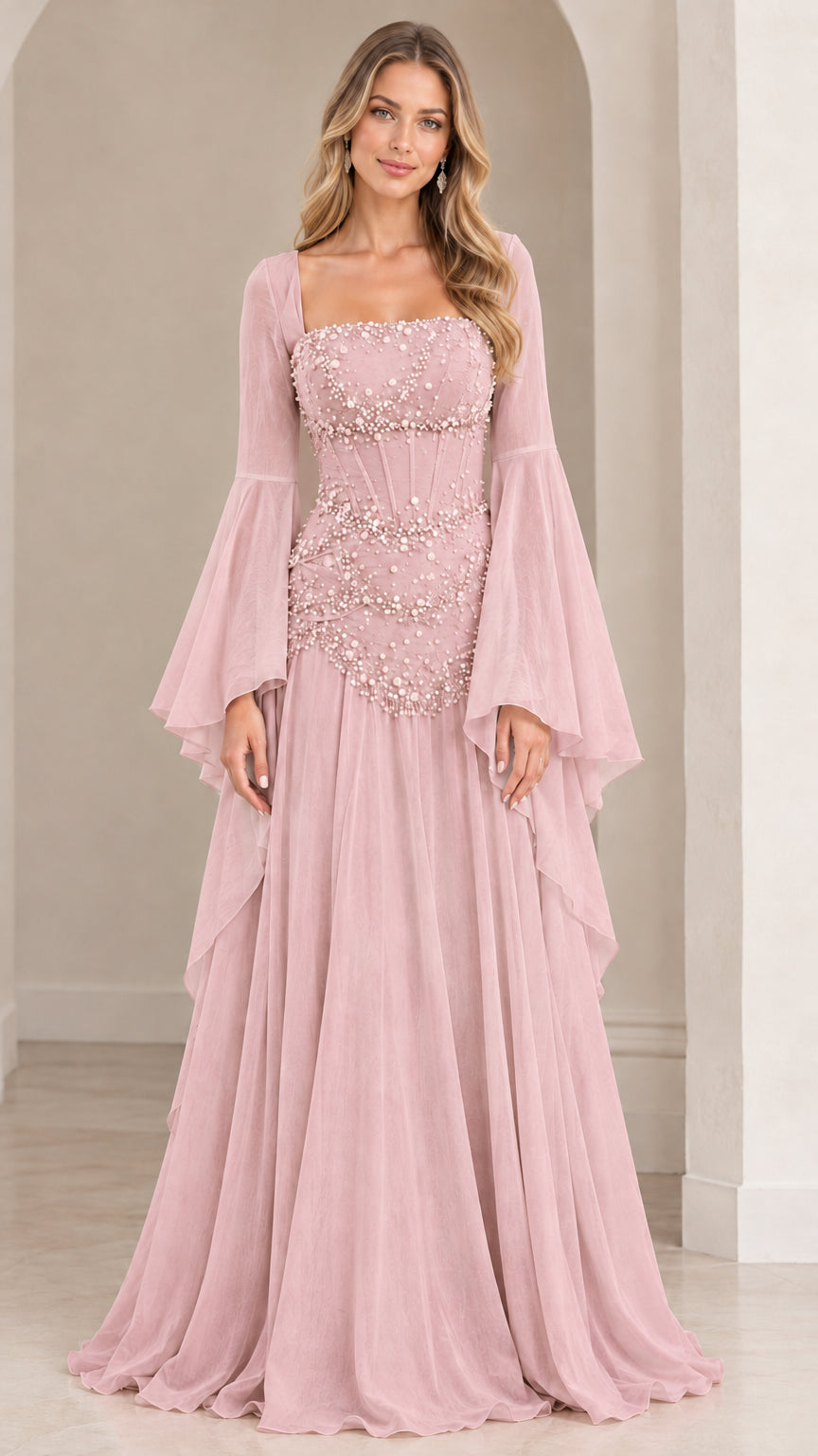 Dusty pink square neck evening maxi dress with pearl beaded corset and flared sleeves