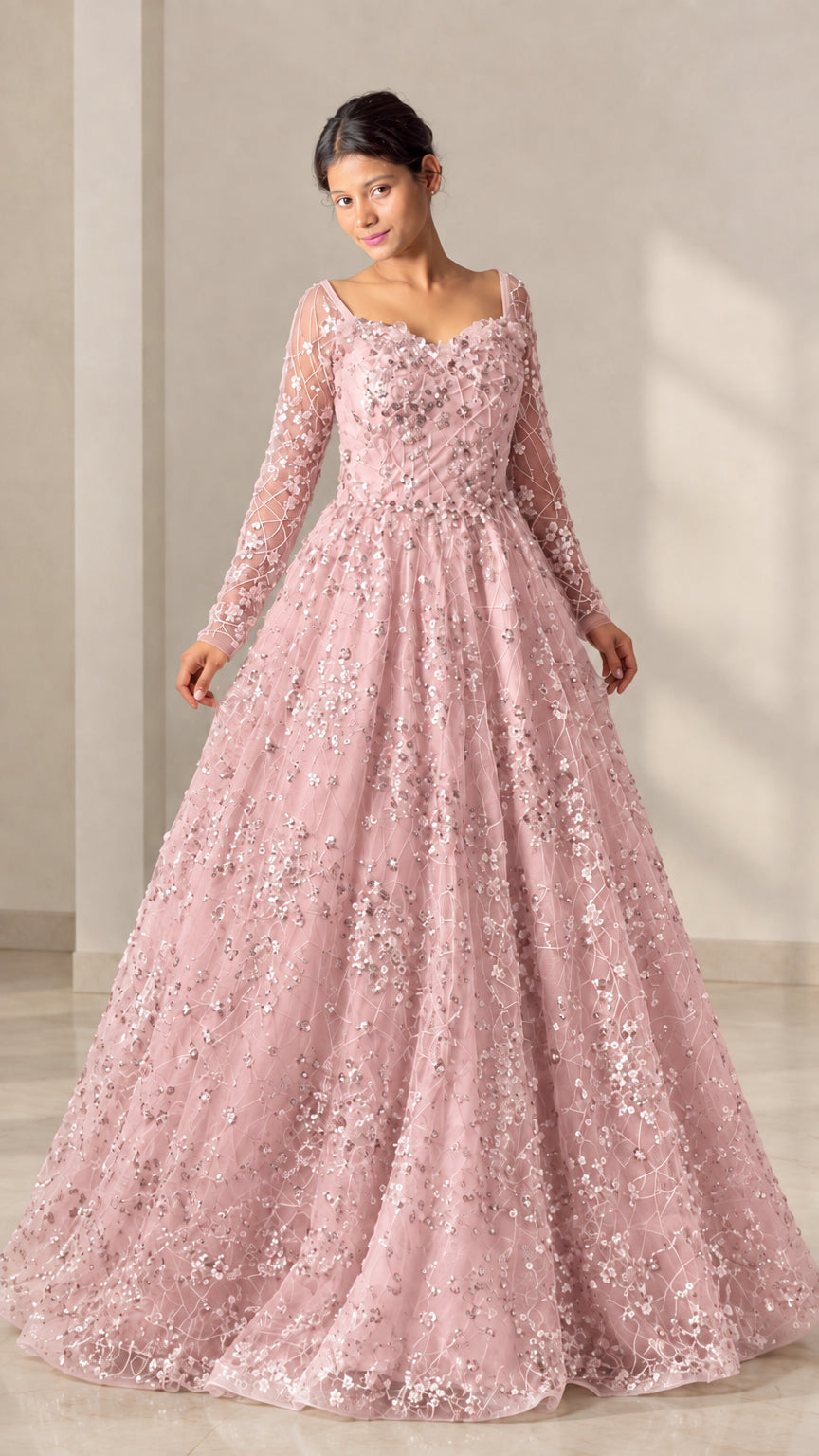 Dusty pink long sleeve floral embellished evening ballgown