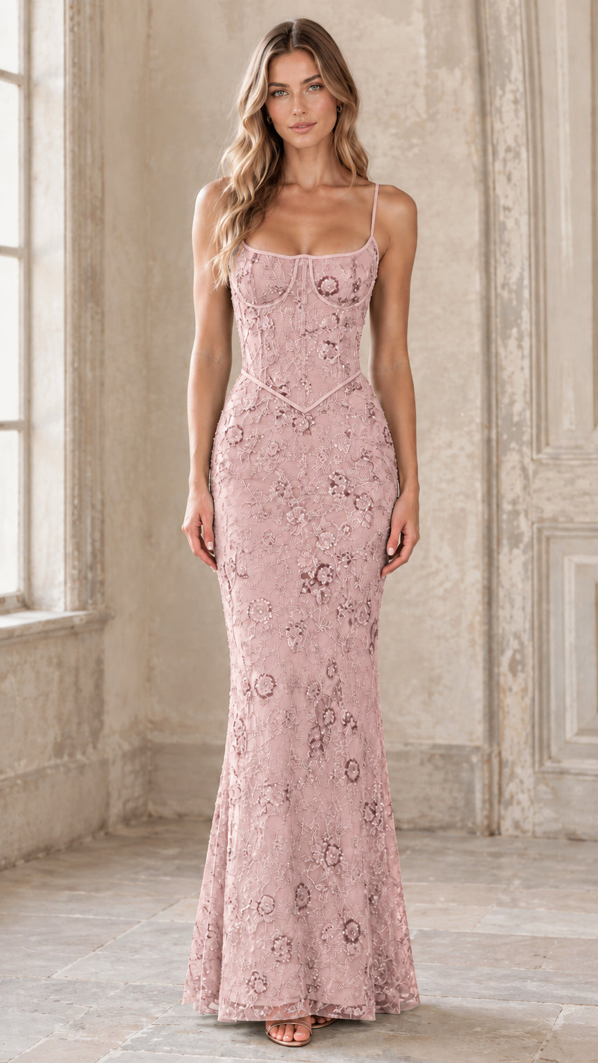 Blush pink floral embroidered sequin formal maxi gown