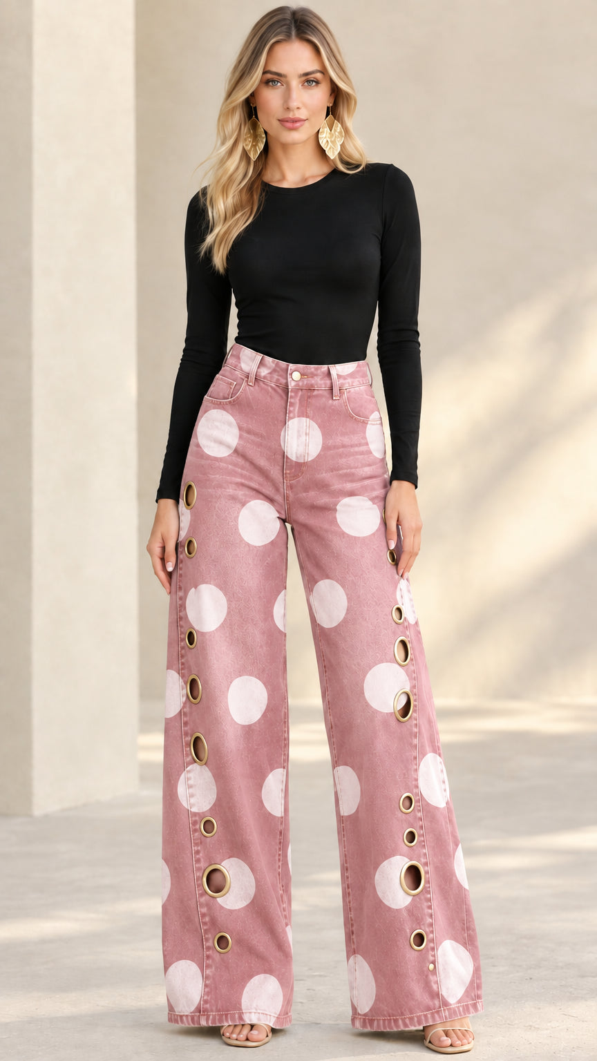 Model wearing dusty pink polka dot wide leg jeans with side grommets