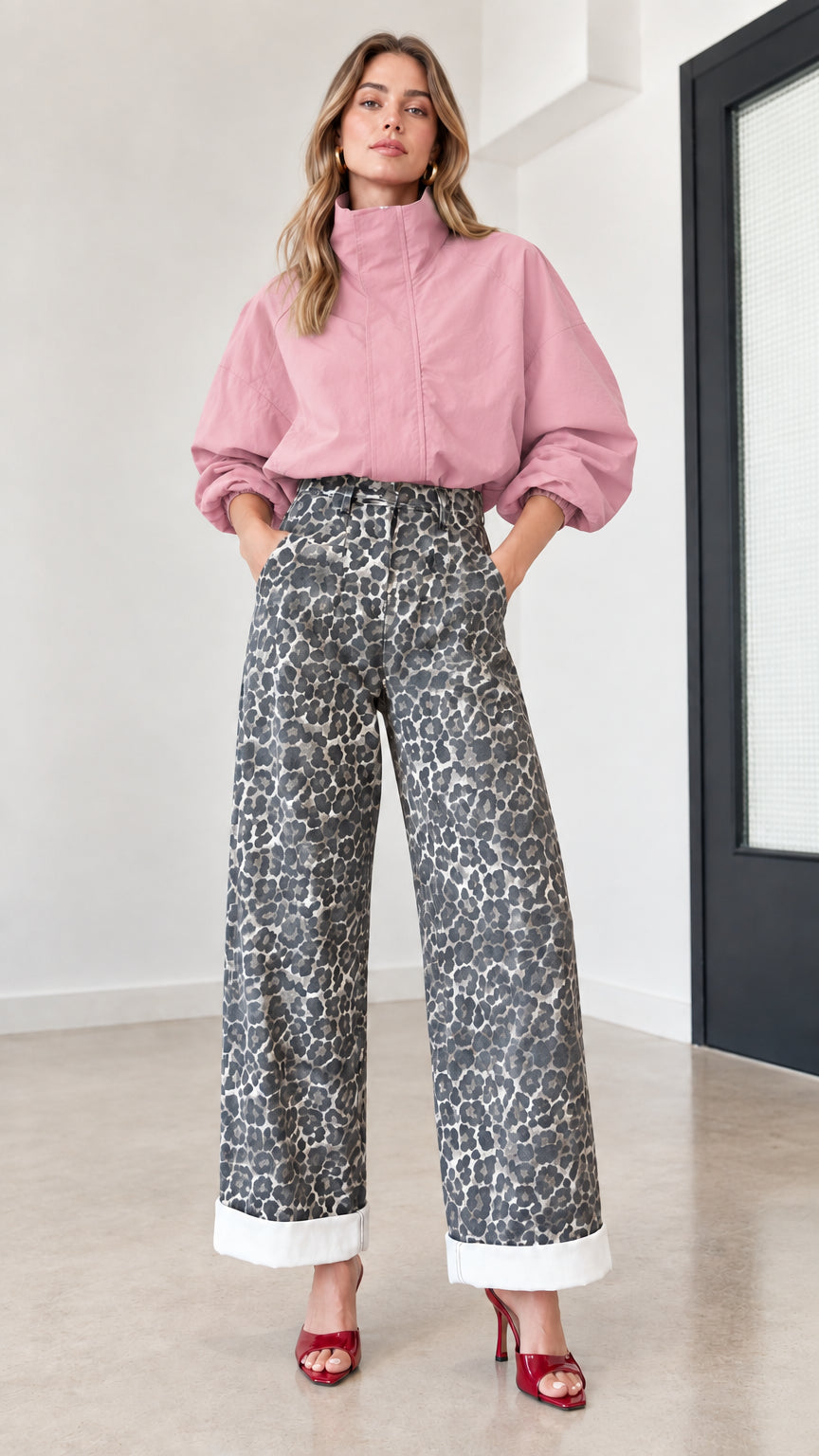 Full look featuring dusty pink stand-collar top and grey leopard wide-leg pants