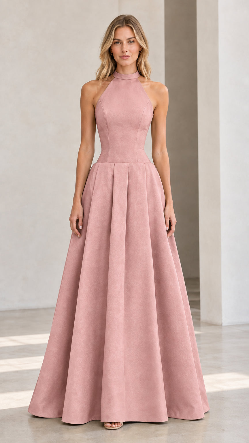 Full-length studio view of model wearing dusty pink halter backless A-line gown