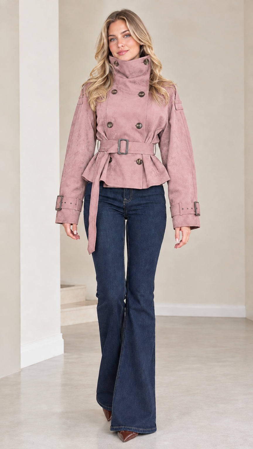 Front view of model wearing dusty pink high neck belted cropped trench jacket