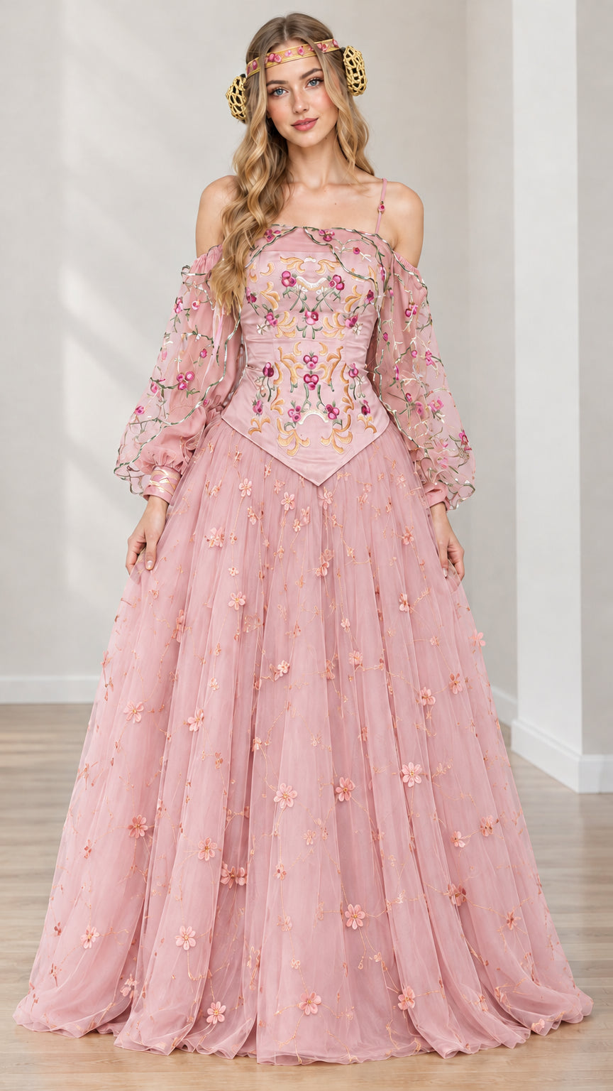 Full-length pastel pink fantasy ballgown with floral embroidery and cold-shoulder sleeves