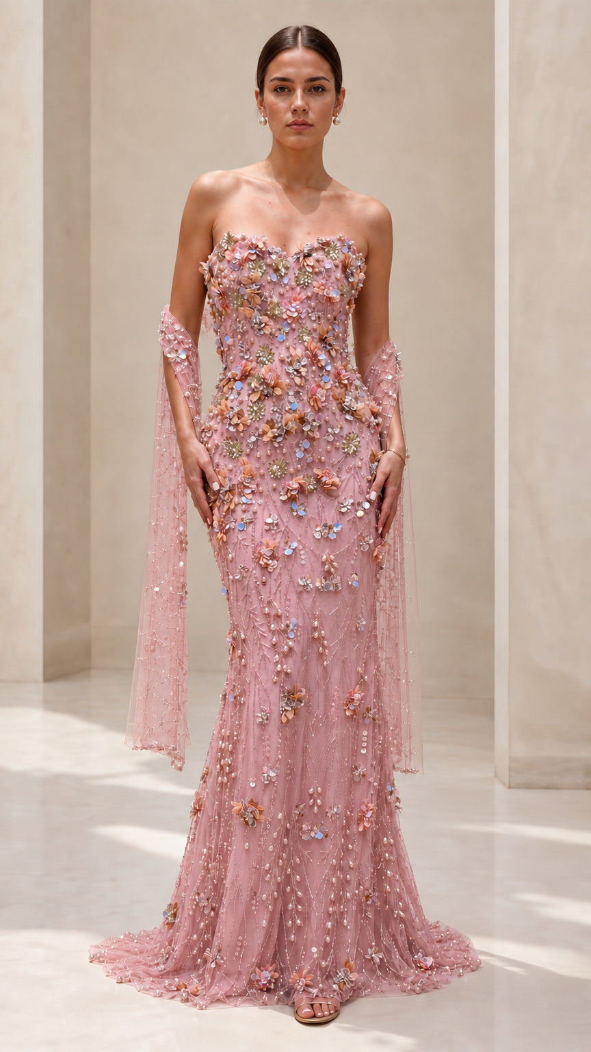 Blush pink strapless floral appliqué mermaid evening dress
