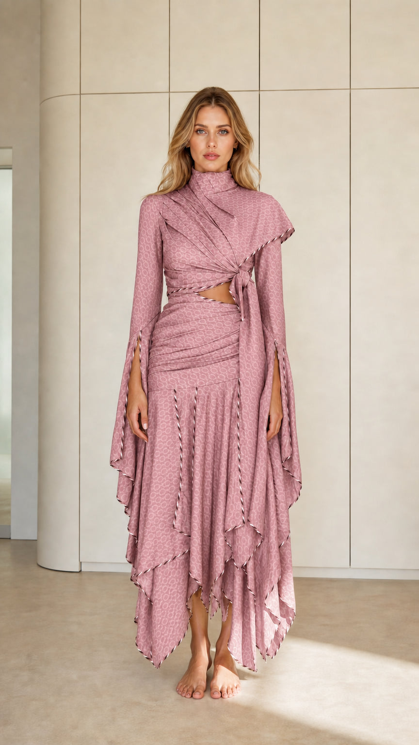 Front view of Dusty Pink draped high neck cutout maxi dress with layered handkerchief hem