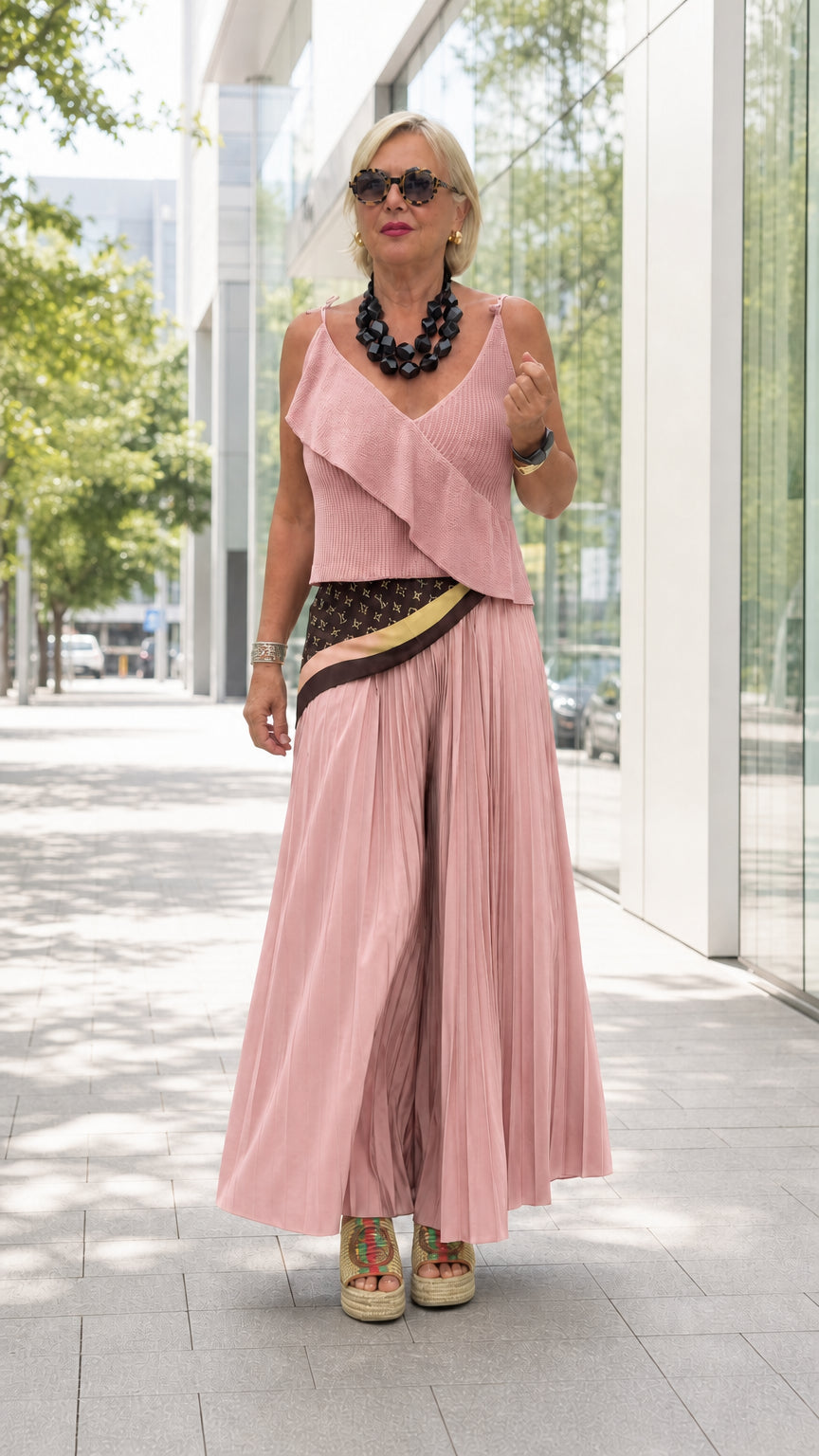 Full front view of dusty pink ruffle camisole and pleated wide-leg pants two-piece set