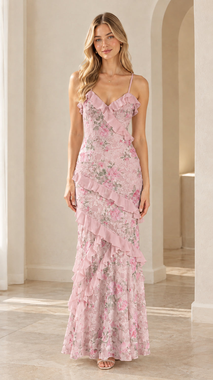 Pink floral lace asymmetrical ruffle tiered cami maxi dress front view
