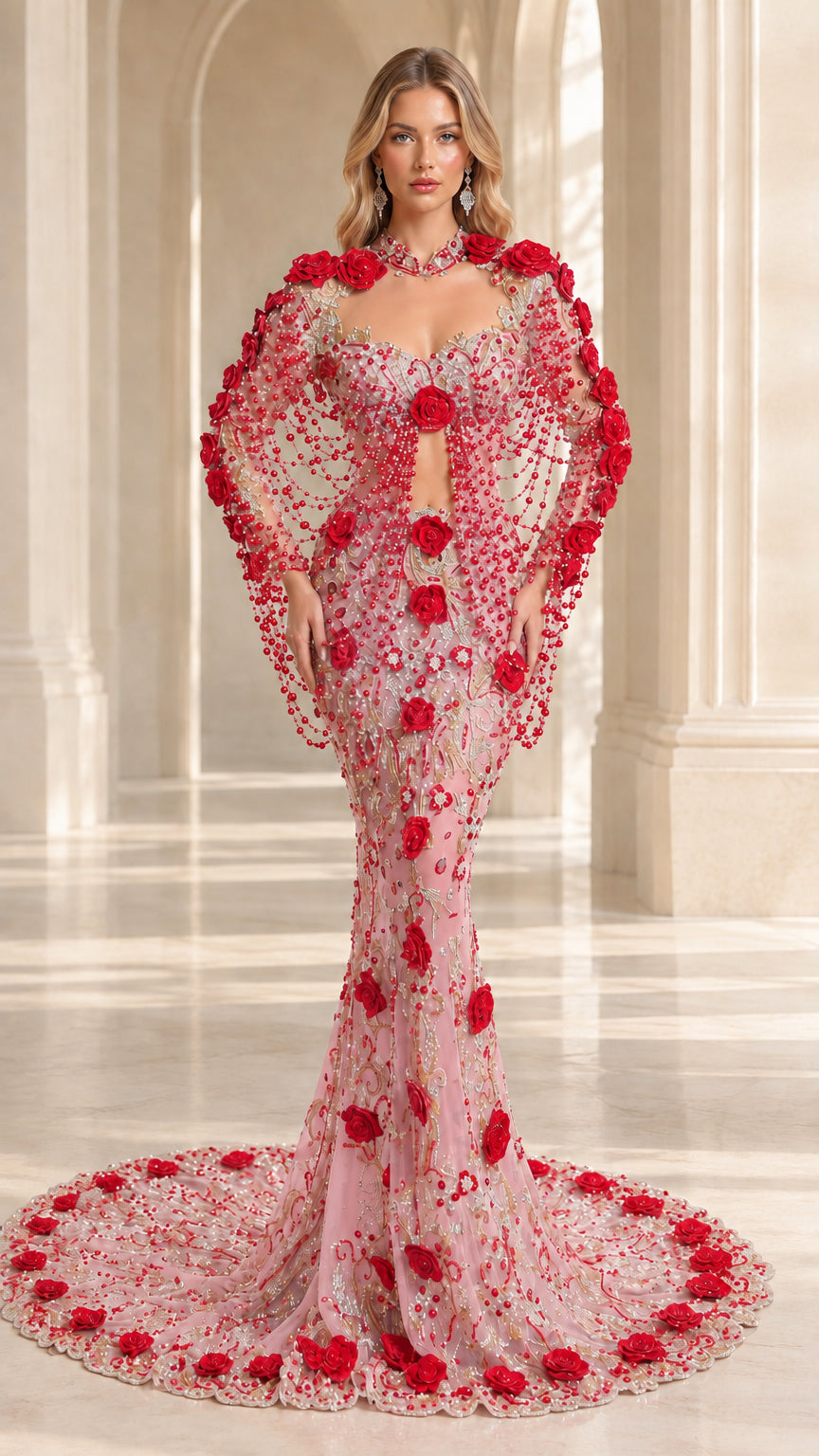 Blush pink beaded mermaid evening gown with red rose appliques and capelet