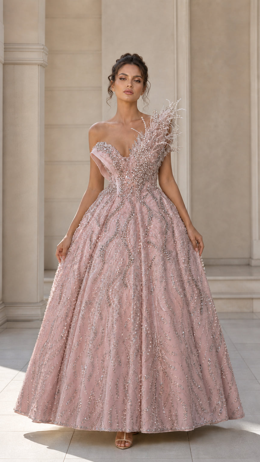 Dusty pink embellished one shoulder formal gown
