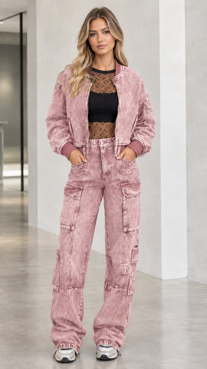 Full body front view of model wearing dusty pink washed denim bomber jacket and cargo pants set