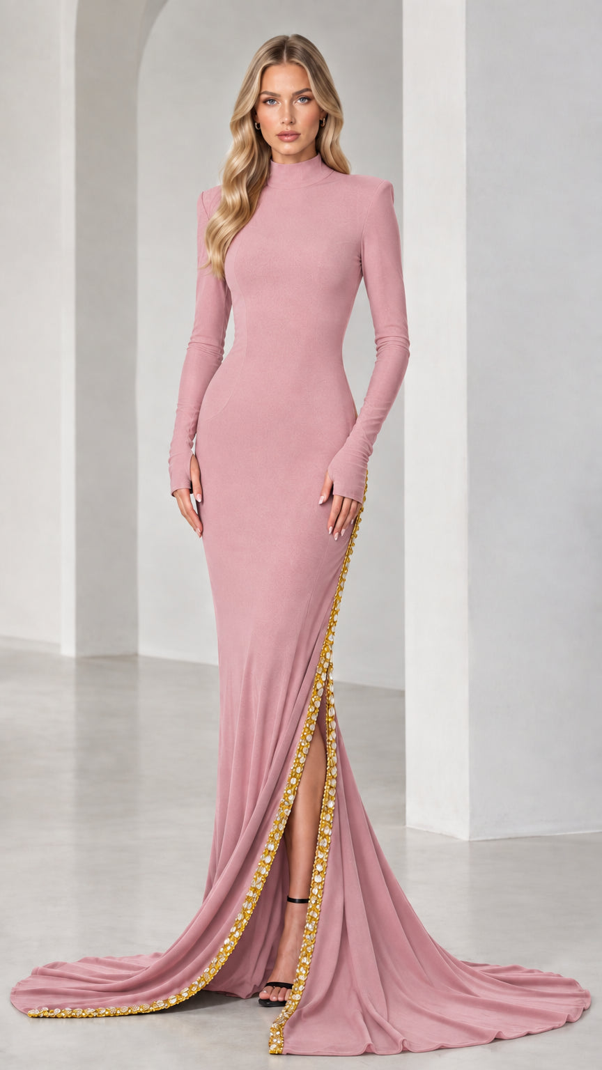 Model wearing dusty pink high neck long sleeve evening gown with beaded slit