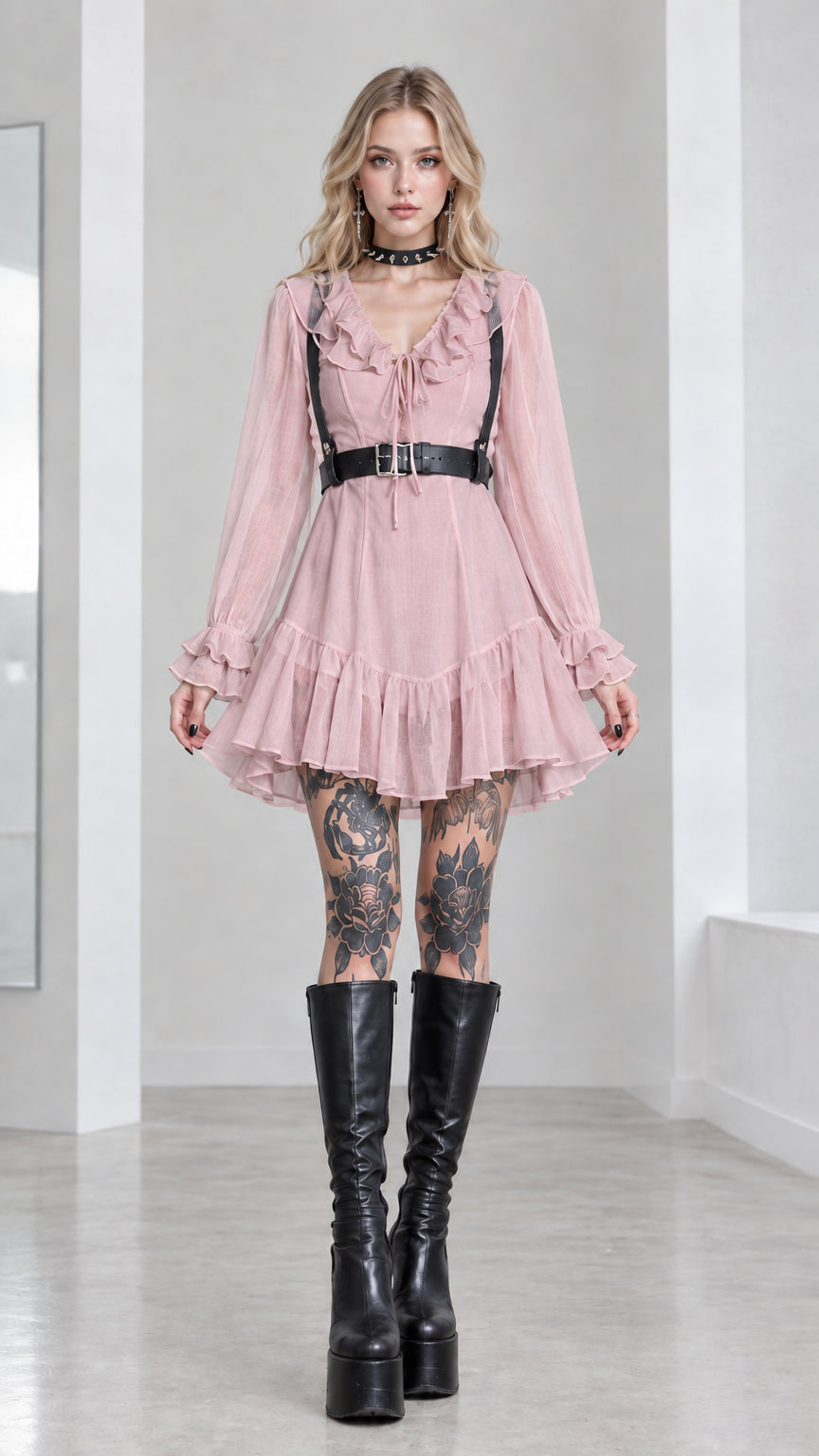 Full front view of pink long sleeve ruffled mini dress with black harness belt