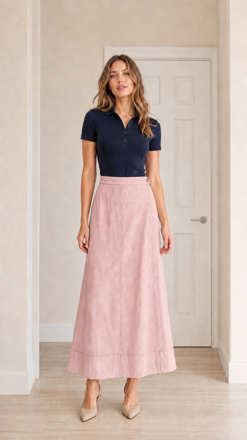 Front view of model wearing dusty pink high-waisted A-line maxi skirt