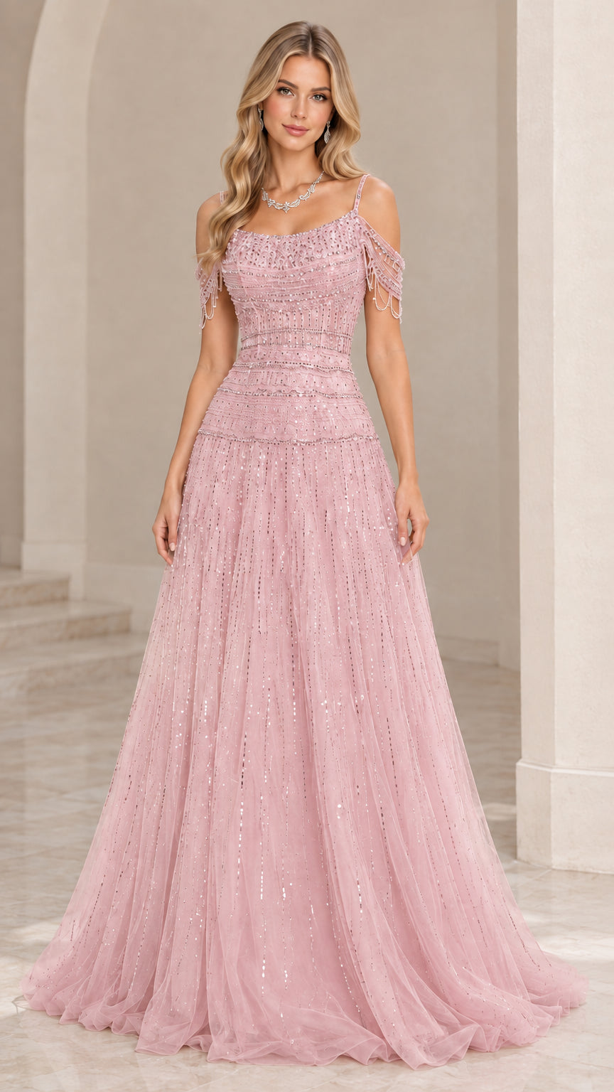 Front view of blush pink sequin embellished cold-shoulder evening dress