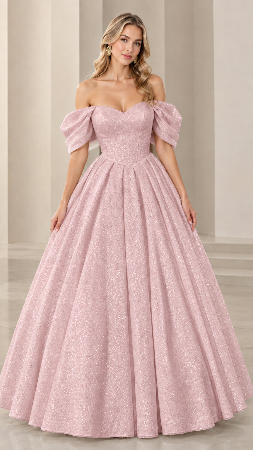 Model wearing blush pink glitter sweetheart ball gown with draped puff sleeves