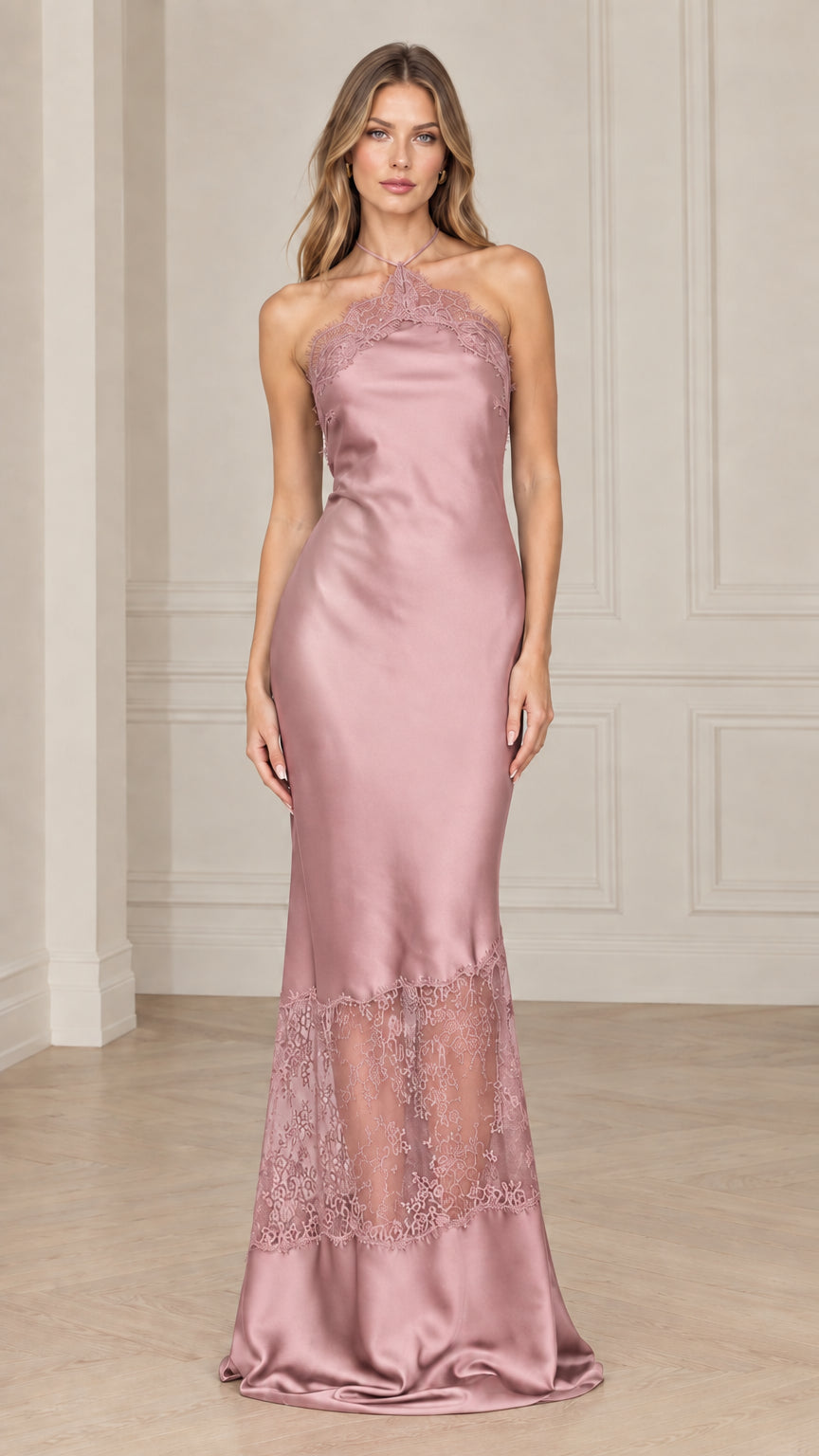 Dusty pink halter neck satin maxi dress with lace inset