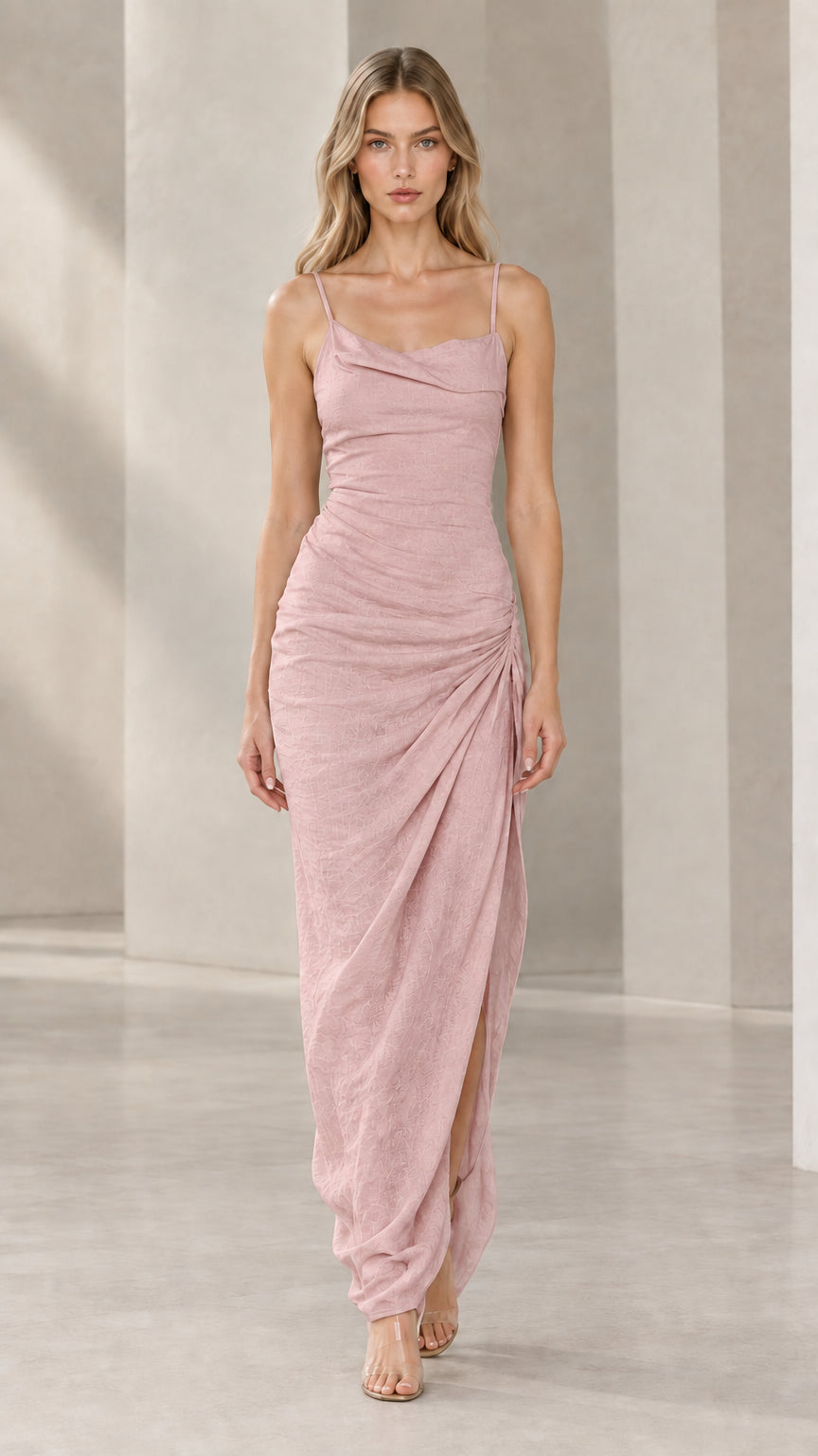 Front full-length view of model wearing blush pink cowl neck ruched maxi slip dress