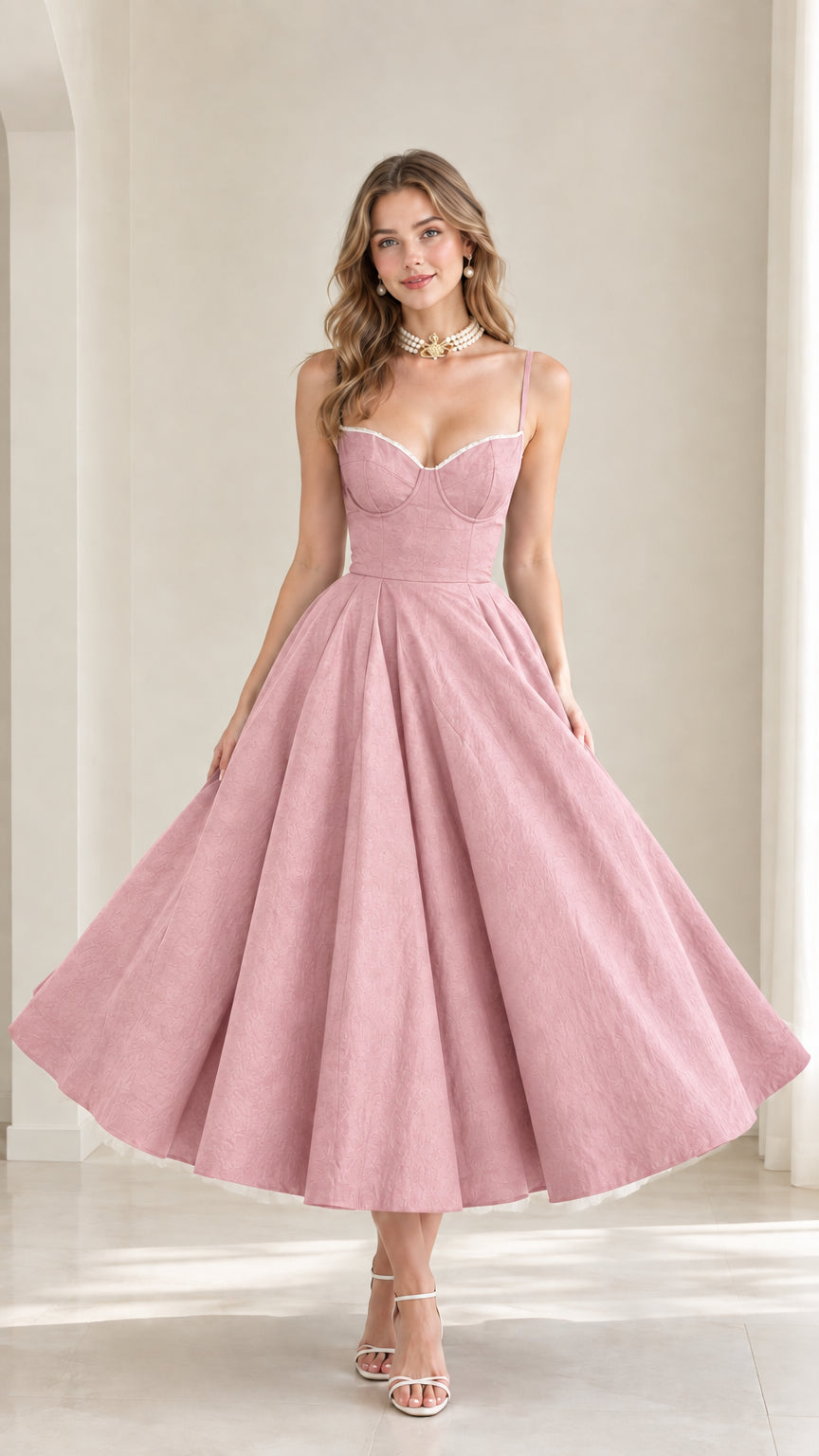Model wearing pink corset crop top and tulle-lined swing midi skirt set