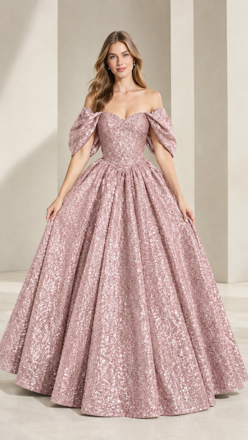 Model wearing rose pink shimmering sequin formal ball gown with draped sleeves