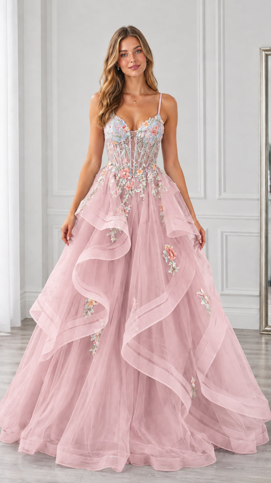 Blush pink floral appliqué corset evening gown with tiered tulle skirt