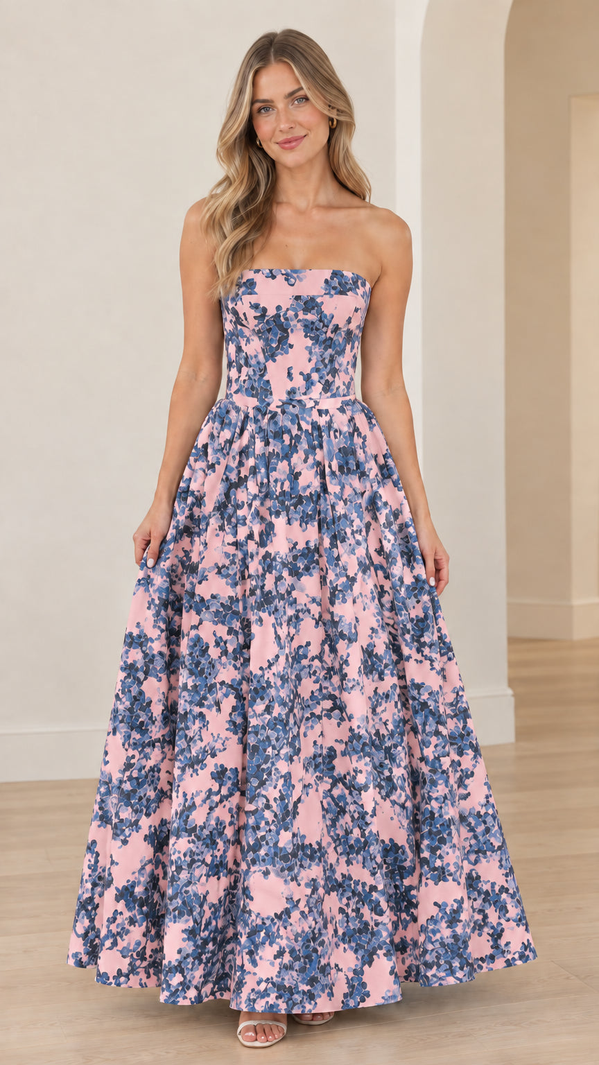 Full-length view of pink floral strapless A-line evening gown