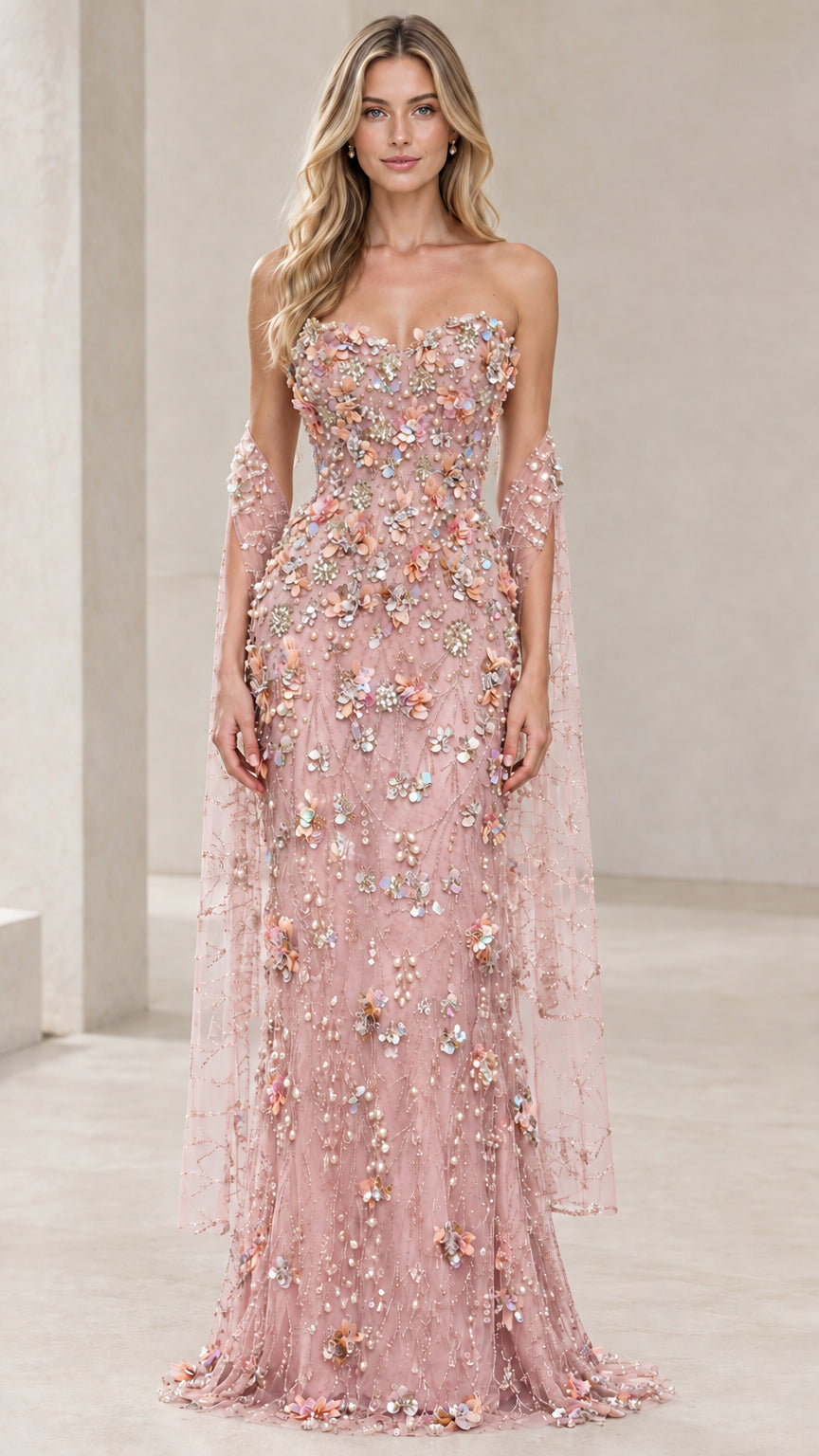 Blush pink strapless floral applique maxi gown with sheer draped shoulder wraps