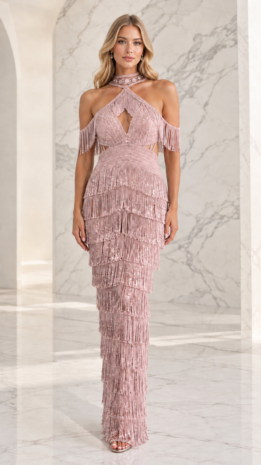 Front view of dusty pink beaded fringe evening gown on model