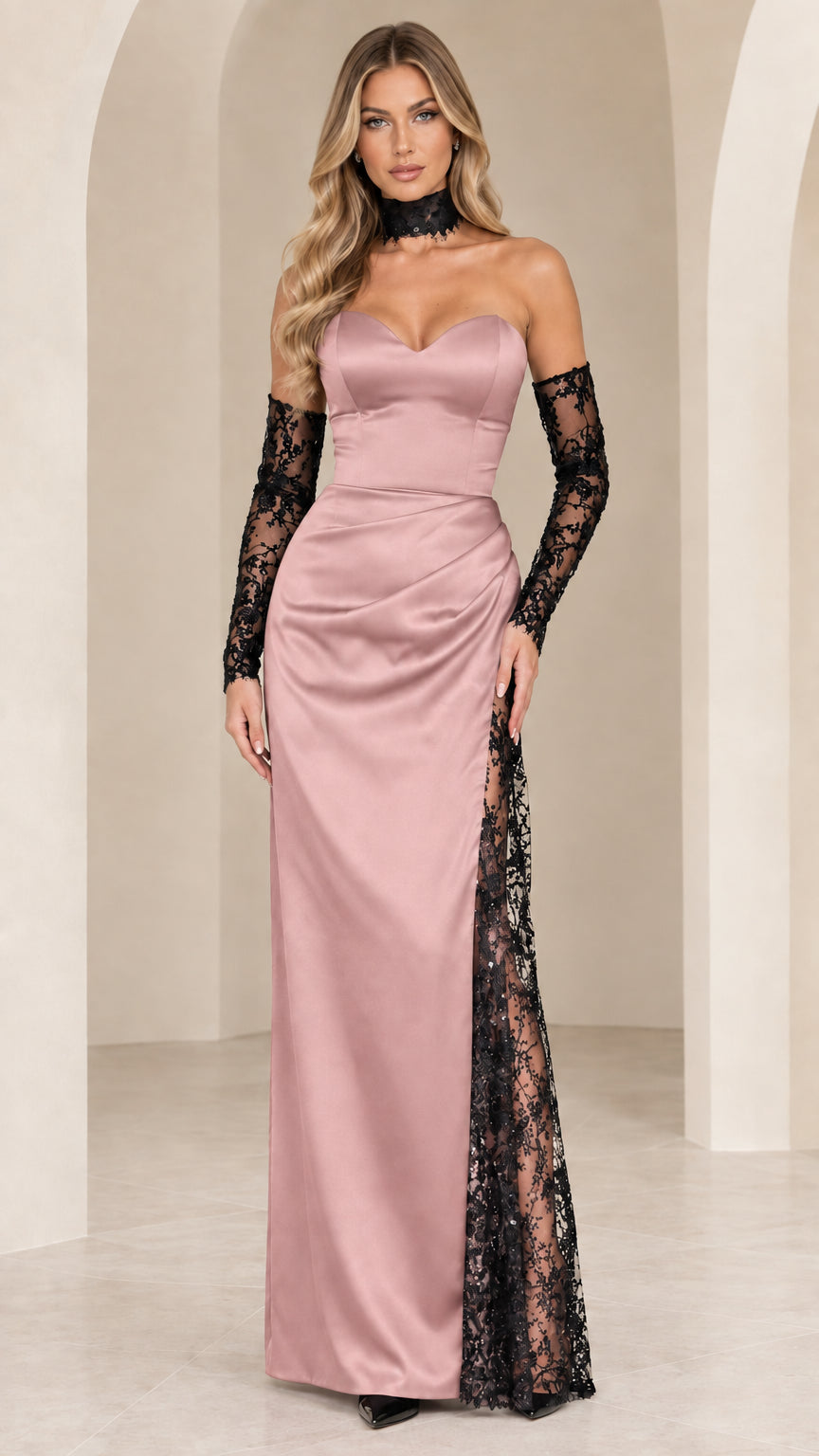 Dusty rose strapless satin evening gown with black lace slit and matching gloves