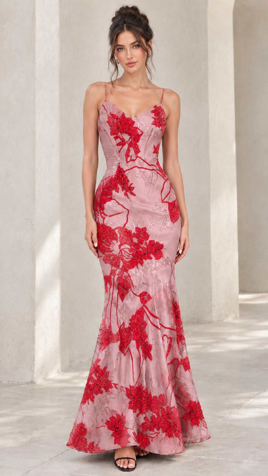 Front view of pink mermaid evening dress with red floral embroidery