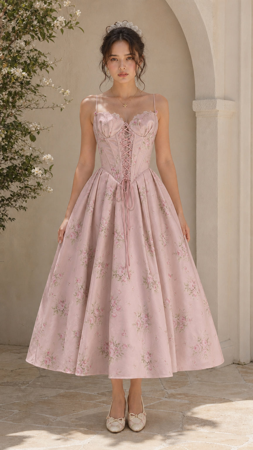 Dusty pink floral corset sweetheart midi dress on model