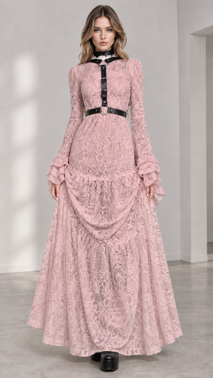 Full-length front view of woman wearing Blush Pink lace maxi dress with harness